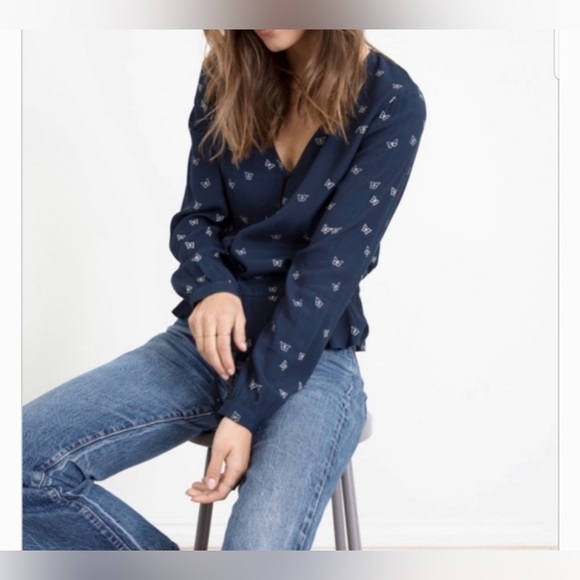 RAILS NWT Navy Blue & White Beaux Butterflies Long Sleeve Blouse in Size Small - Picture 3 of 12